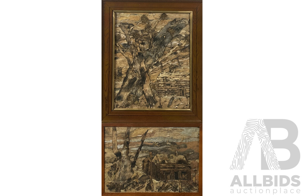 Walter Wrigley, (20th Century, Australian), Bush House I and II, Pair of Vintage Australian Paperbark & Other Natural Materials, 73 x 61 cm (largest frame) (2)