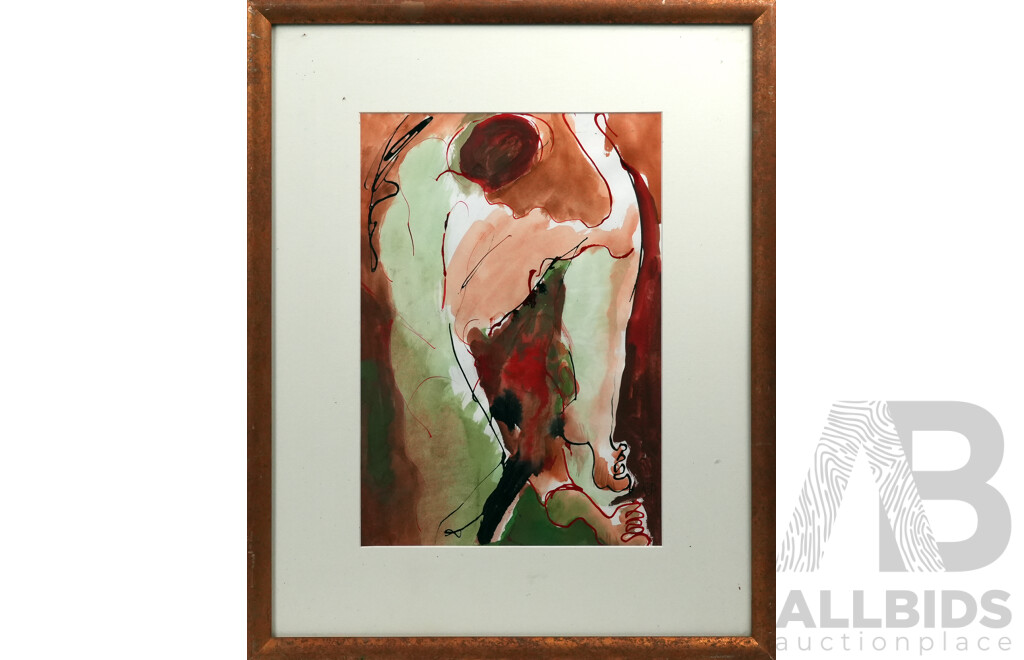 MP, (20th Century), Abstract - Crouched Nude, Mixed Media Watercolour, 63 x 50 cm (frame)