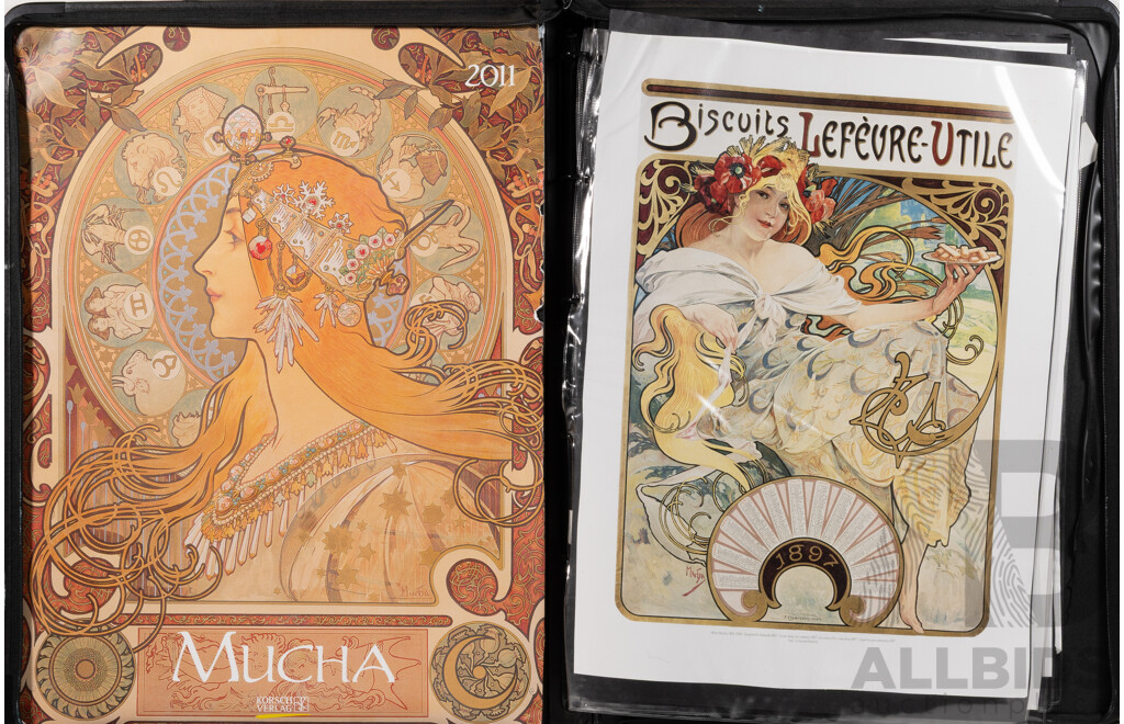 Alfons Mucha, (Czech Born, 1860-1939), Collection of Six Reproduction Poster Prints in Vinyl Artist's Portfolio Carrying Case