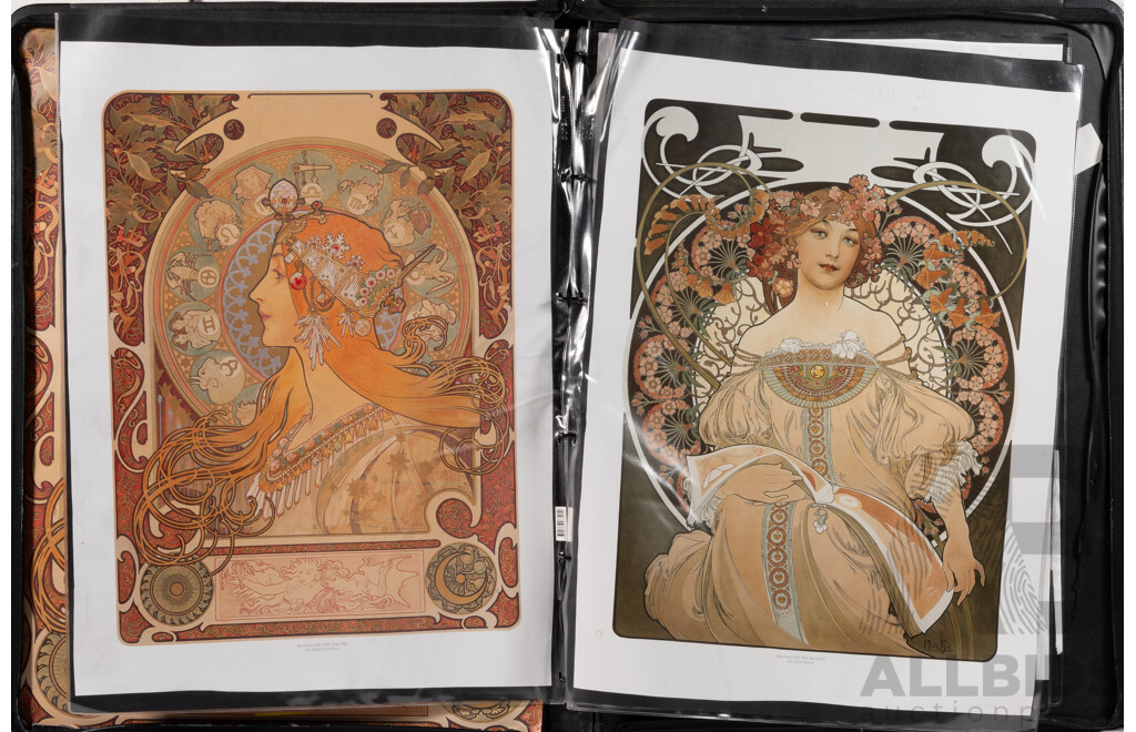 Alfons Mucha, (Czech Born, 1860-1939), Collection of Six Reproduction Poster Prints in Vinyl Artist's Portfolio Carrying Case