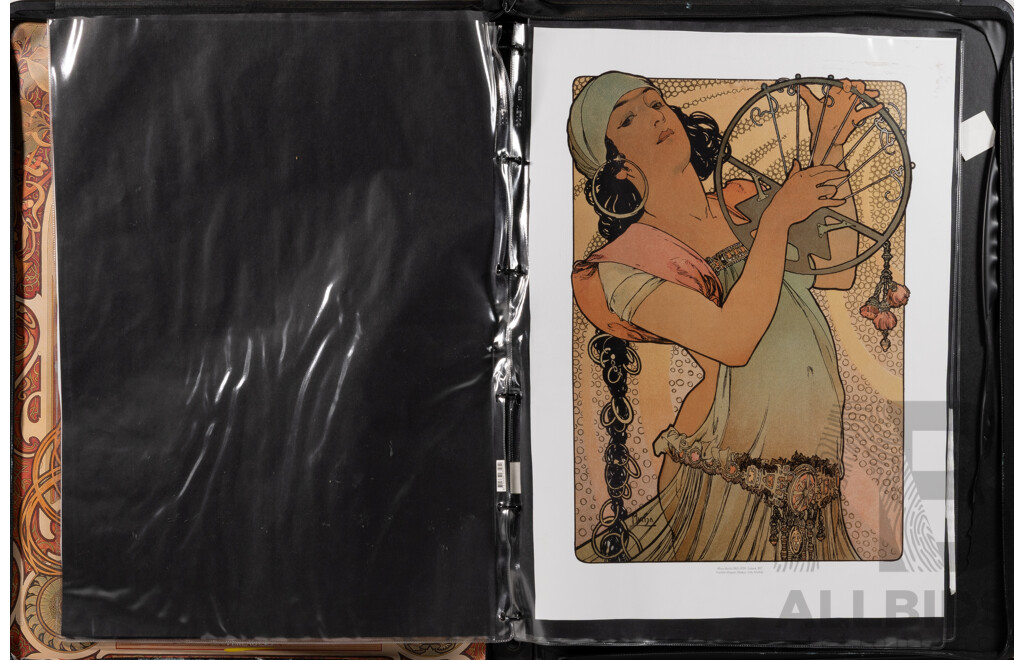 Alfons Mucha, (Czech Born, 1860-1939), Collection of Six Reproduction Poster Prints in Vinyl Artist's Portfolio Carrying Case
