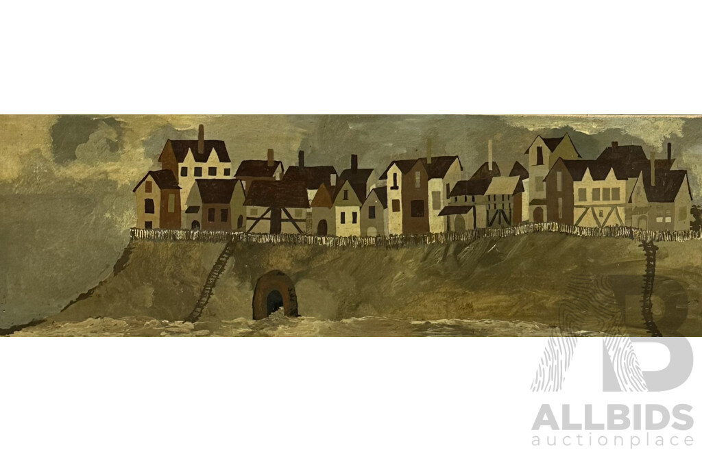 MD, (Date Unknown), Clifftop Sea Village, Vintage Oil on Chipboard Wood Panel, 34 x 101 cm