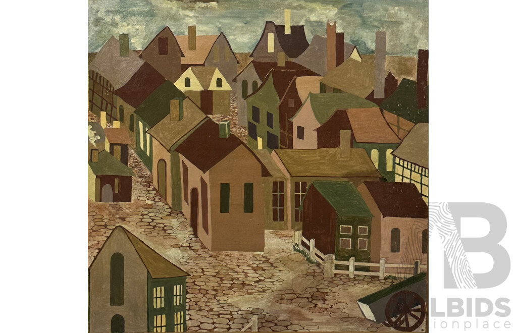 MD, (Date Unknown), Cobbled Street Village, Vintage Oil on Chipboard Wood Panel, 73 x 73 cm