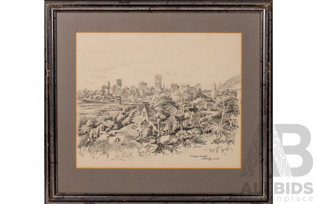 Cedric Emanuel, (20th Century, New Zealander-Australian, 1906-1995), Sydney, Kirribilli & Captain James Cook RN, Pair of Lovely Vintage Prints of Original Sketches, 36 x 39.5 cm (frames) (2)