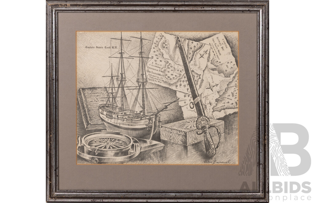 Cedric Emanuel, (20th Century, New Zealander-Australian, 1906-1995), Sydney, Kirribilli & Captain James Cook RN, Pair of Lovely Vintage Prints of Original Sketches, 36 x 39.5 cm (frames) (2)