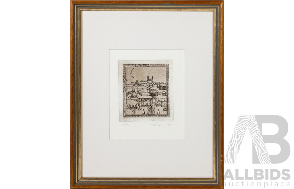 Tatiana, (20th Century), City Scape Under Moonlight, (1995), Etching, 37.5 x 30.5 cm (frame)