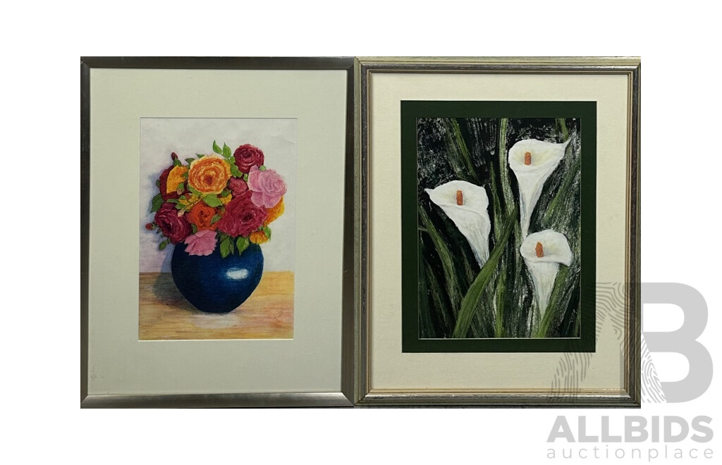 Judith Boaler, (20th Century, Australian), Arum Lilies & Blue Bowl of Roses I, Ink and Oil Pastel, 55 x 45 cm (frame) & 71 x 56 cm (frame) (2)