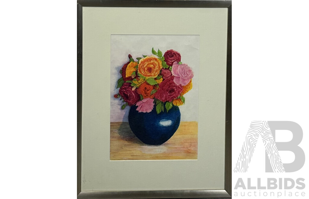 Judith Boaler, (20th Century, Australian), Arum Lilies & Blue Bowl of Roses I, Ink and Oil Pastel, 55 x 45 cm (frame) & 71 x 56 cm (frame) (2)
