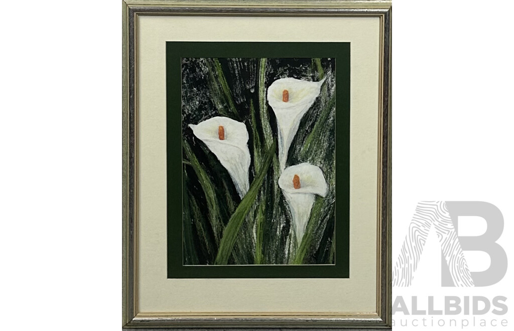 Judith Boaler, (20th Century, Australian), Arum Lilies & Blue Bowl of Roses I, Ink and Oil Pastel, 55 x 45 cm (frame) & 71 x 56 cm (frame) (2)