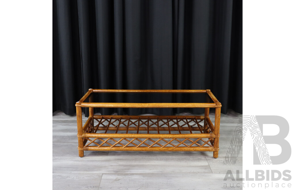 Vintage Cane Coffee Table with Smokey Glass Top