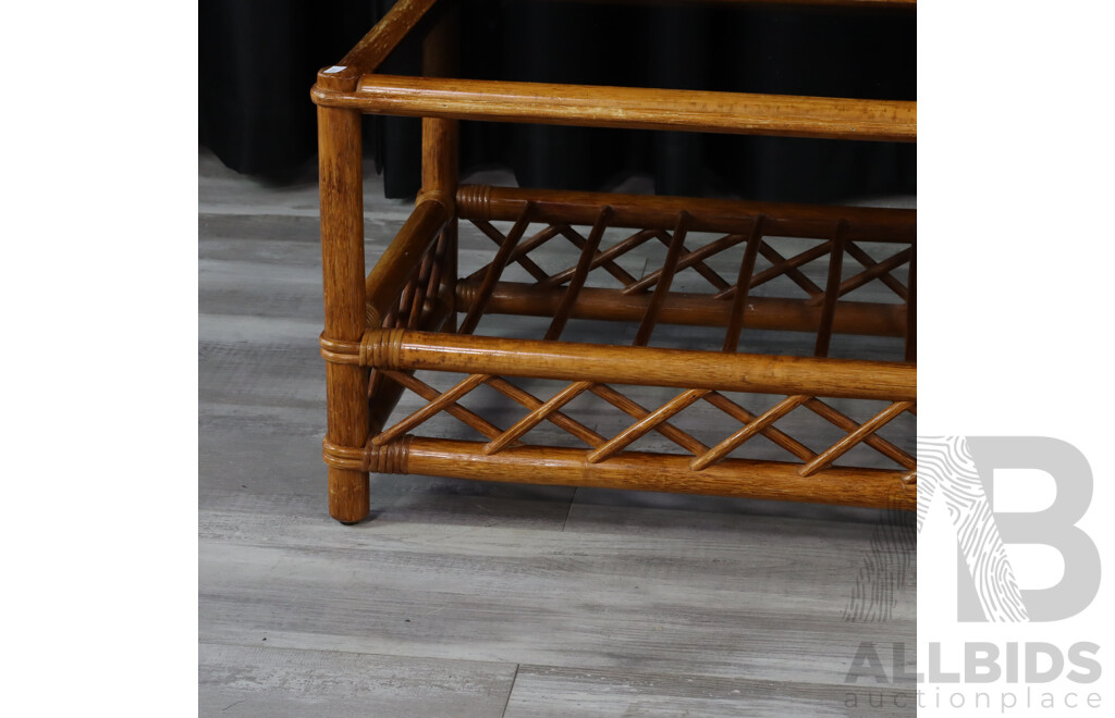 Vintage Cane Coffee Table with Smokey Glass Top