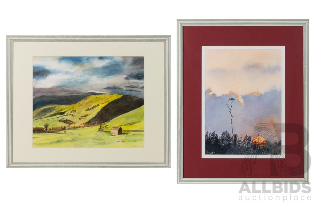 John Webster (20th Century), Lone Cottage, Sheep Grazing (2017) & Crane at Sunset (2010), Pair of Watercolours, 44 x 54 cm & 54 x 44 cm (frames) (2)