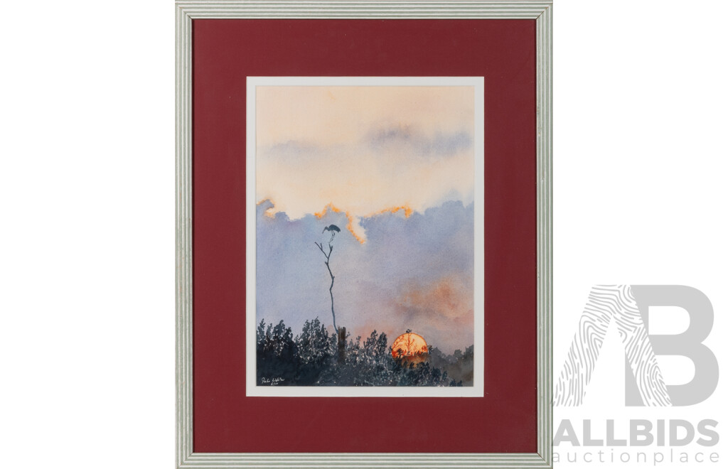 John Webster (20th Century), Lone Cottage, Sheep Grazing (2017) & Crane at Sunset (2010), Pair of Watercolours, 44 x 54 cm & 54 x 44 cm (frames) (2)