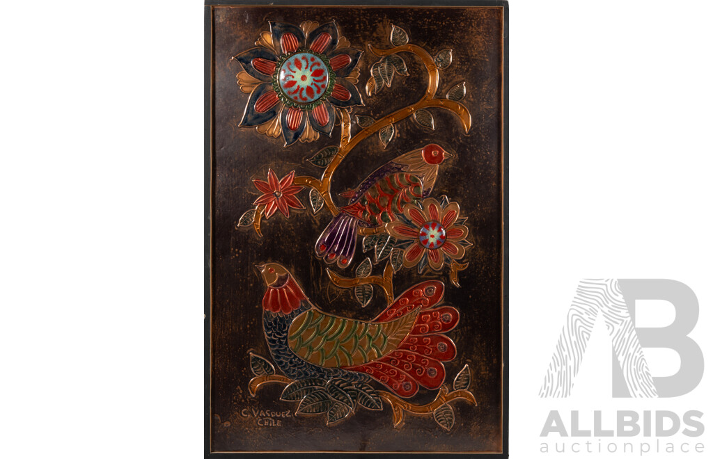 Cesar Vasquez (20th Century, Chilean), Songbirds with Flowers, Vintage Hand Crafted Enameled Copper Mixed Media on Masonite, 60 x 40 cm (frame)