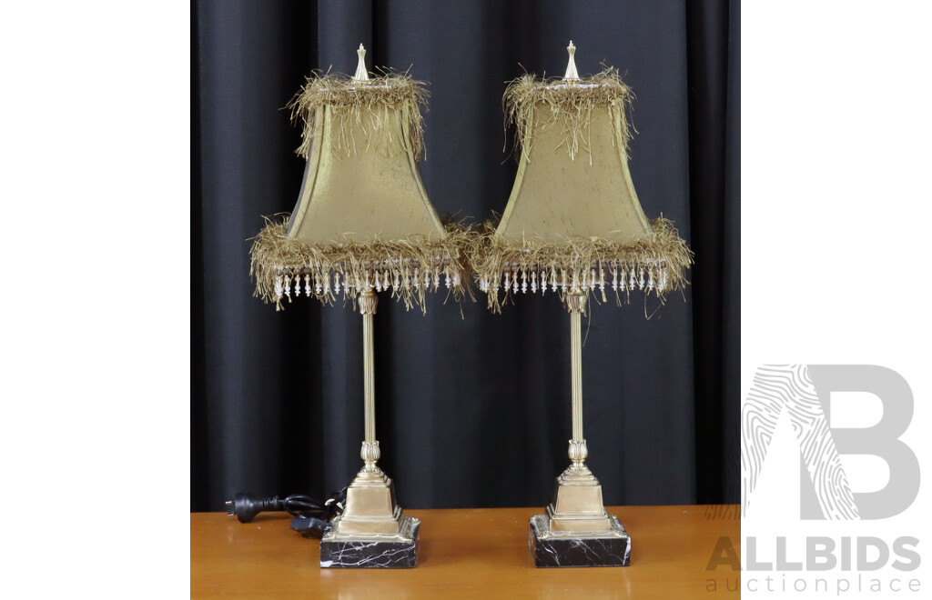 Pair of Brass Bedside Lamps with Marble Bases