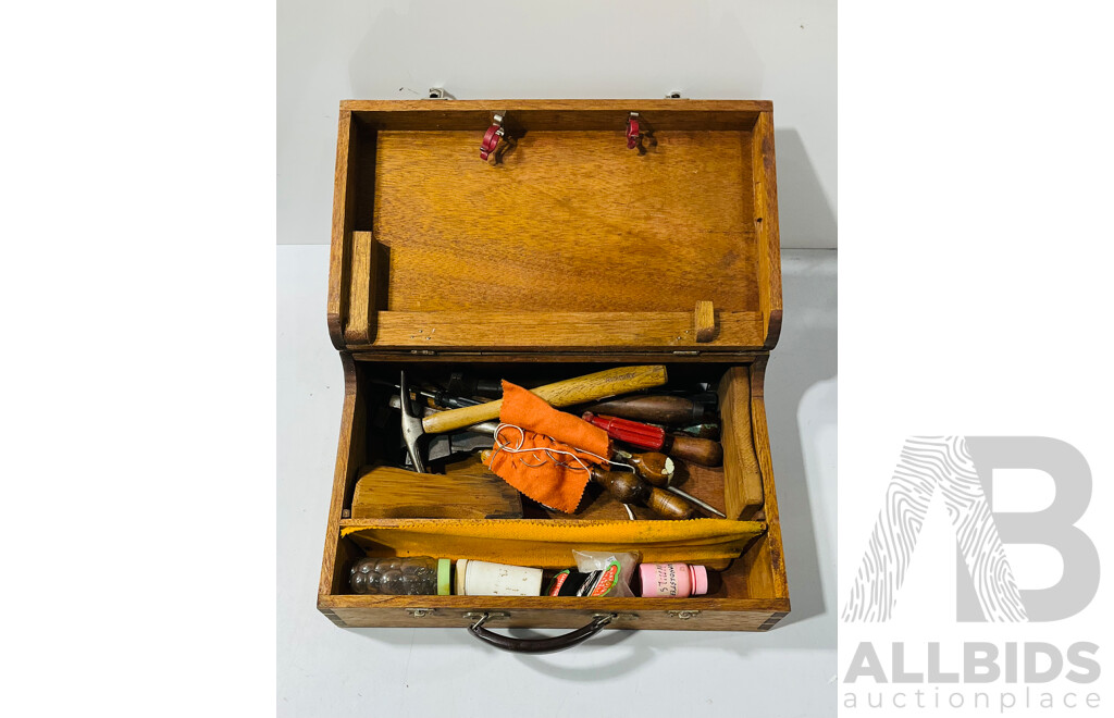 Vintage Wooden Toolbox Including Upholstery Hammer, Chisel and More