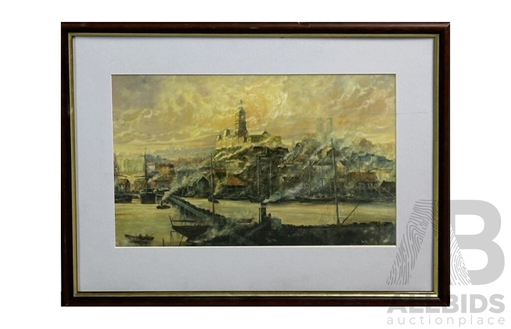 Paul Galy, (20th Century, Australian), Busy Sydney Harbour, Reproduction Colour Print on Canvas Card of Original, 43 x 58 cm (frame)