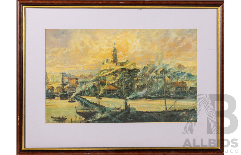 Paul Galy, (20th Century, Australian), Busy Sydney Harbour, Reproduction Colour Print on Canvas Card of Original, 43 x 58 cm (frame)