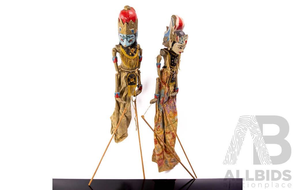 Two Vintage Indonesian Golek Wayang Wooden Puppets
