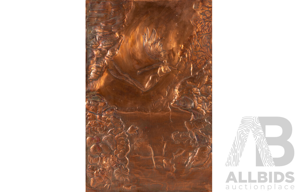 BR, (20th Century, Active 1970s), Mermaid Exploration, Vintage Handmade Copper Art, 55 x 36 cm (edge to edge)
