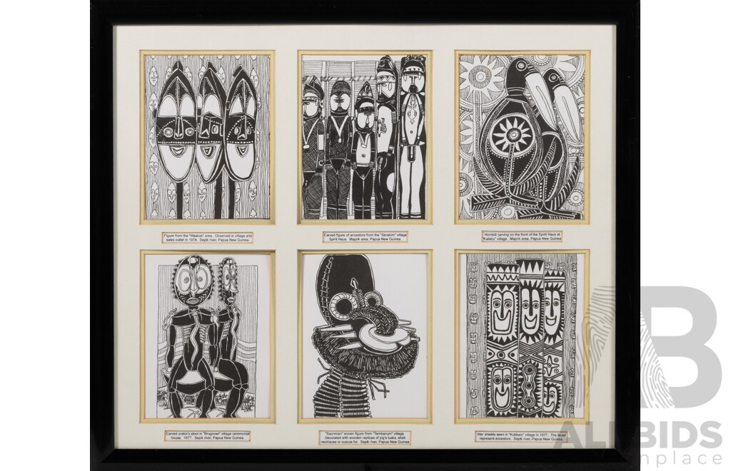 Mack Ruff, (20th Century, American), Six Quality Prints From Sepik Sketchbook Including Hornbill Carving - Spirit Haus at 'Kalabu' Village and More, Ink on Canvas Card, 38 x 44 cm (frame)