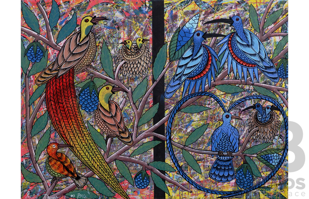 John Danger, (20th Century, Papua New Guinean, 1969-), Cacophony of Birds (2009), Acrylic on Canvas, 84 x 112 cm