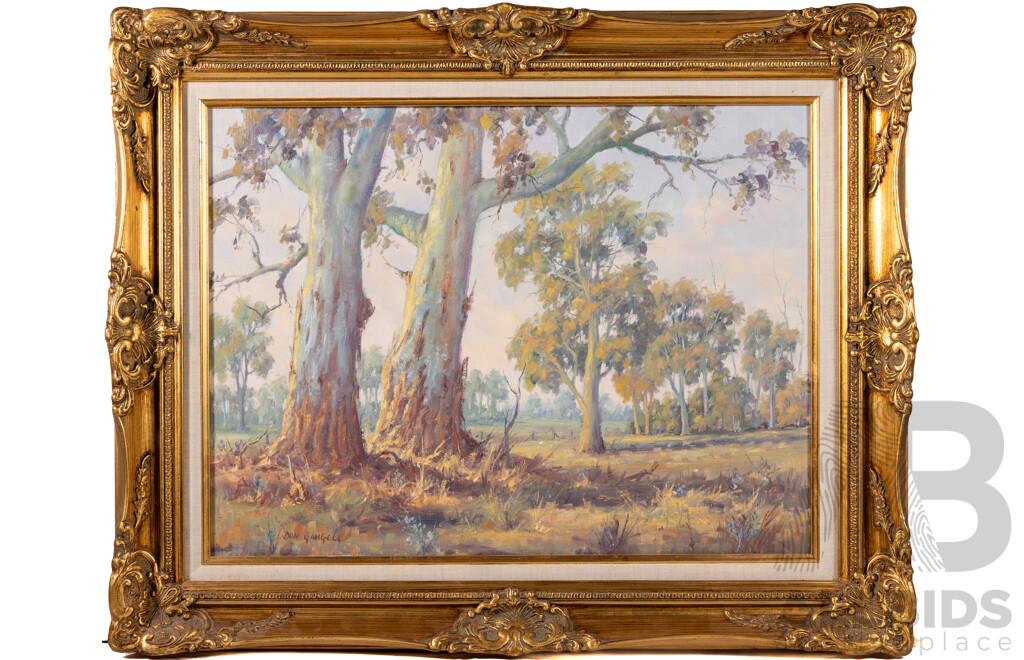 Don Gangell, (20th Century, Australian, 1940-2022), Gum Tree Morning, Wonderful Original Oil on Canvas, 63 x 79 cm (frame)