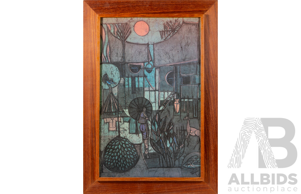 Chuah Thean Teng (20th Century, Chinese-Born Malaysian, 1914-2008), Villager with Parasol, Vintage Colour Print of Original Batik, 65 x 45 cm (frame)