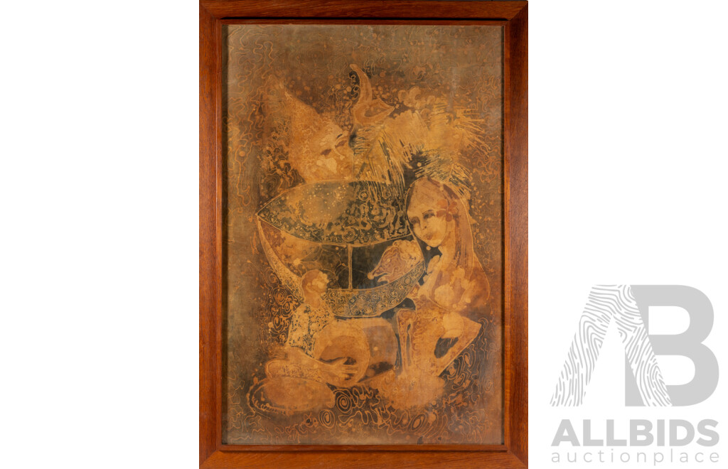 Artist Unknown, (Thai School), Three Figures and Mystical Bowl, Vintage Distemper on Cloth, Framed, 113 x 80 cm (frame)