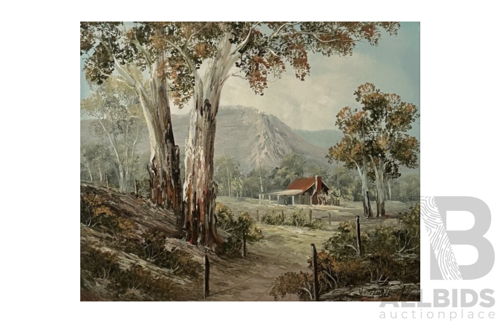 Artist Unknown, (20th Century, Australian), Country Cottage Flanked by Gums, Wonderful Original Vintage Oil on Canvas Cloth Stretched on Cardboard, 51 x 61 cm (unframed)