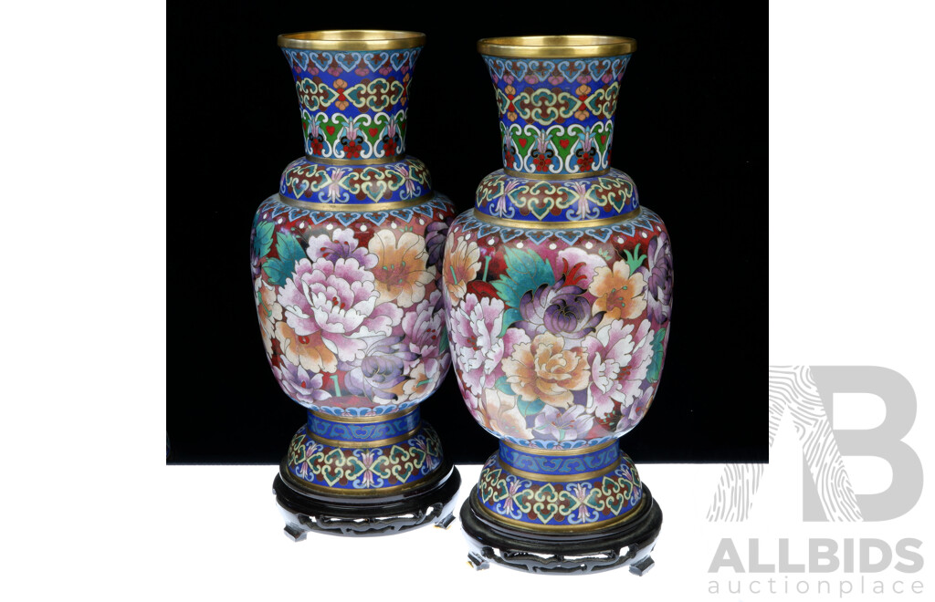 Pair Chinese Floral Decorated Cloisonne Vases with Wooden Stands