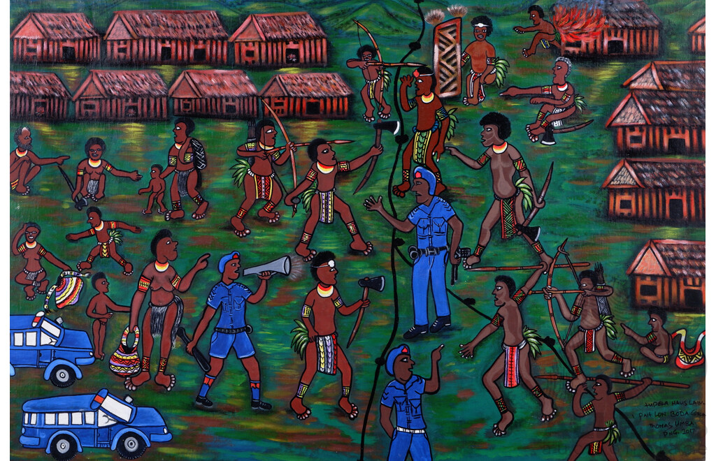 Thomas Umba, (20th Century, PNG), Tupela Haus Lain -Pait Lon Boda Graun (Approx Trans. Two House Lines -Fight Loan Borderlands), Acrylic on Canvas, 96 x 144 cm