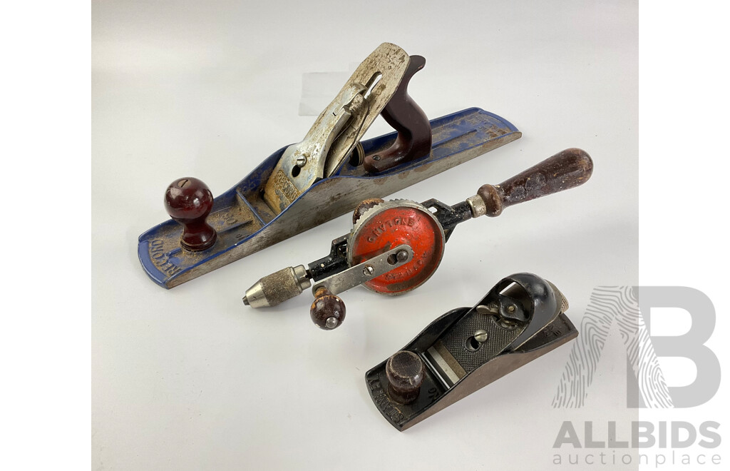 Vintage Record Number Six Smoothing Plane, Stanley Number 220 Block Plane and Hand Drill