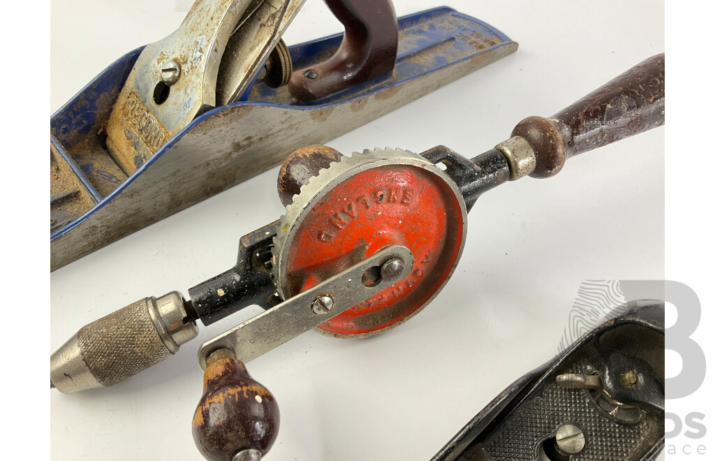 Vintage Record Number Six Smoothing Plane, Stanley Number 220 Block Plane and Hand Drill