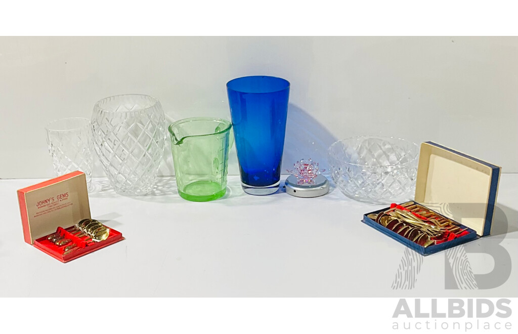 Collection Decorator Items Including Crystal Vases, Two Boxes Thai Brass Flatwear, Green Depression Glass Jug and More