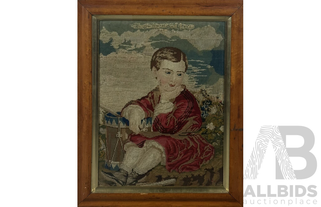 Artist Unknown, Portrait of Small Child with Drum, Antique Framed Embroidery, 62 x 50 cm (frame)