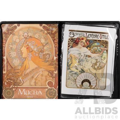 Alfons Mucha, (Czech Born, 1860-1939), Collection of Six Reproduction Poster Prints in Vinyl Artist's Portfolio Carrying Case