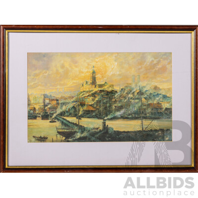 Paul Galy, (20th Century, Australian), Busy Sydney Harbour, Reproduction Colour Print on Canvas Card of Original, 43 x 58 cm (frame)