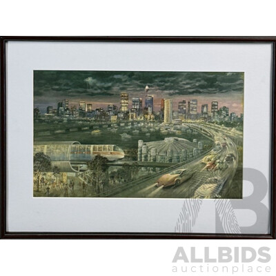 Paul Galy, (20th Century, Australian), Sydney Skyline Reproduction Colour Print on Canvas Card of Original, 41 x 55 cm (frame)