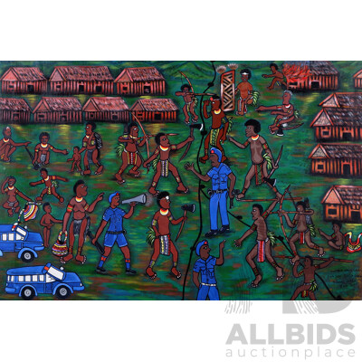 Thomas Umba, (20th Century, PNG), Tupela Haus Lain -Pait Lon Boda Graun (Approx Trans. Two House Lines -Fight Loan Borderlands), Acrylic on Canvas, 96 x 144 cm