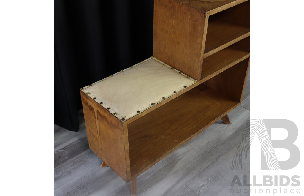 Vintage Step Side Open Bookcase with Upholstered Seat