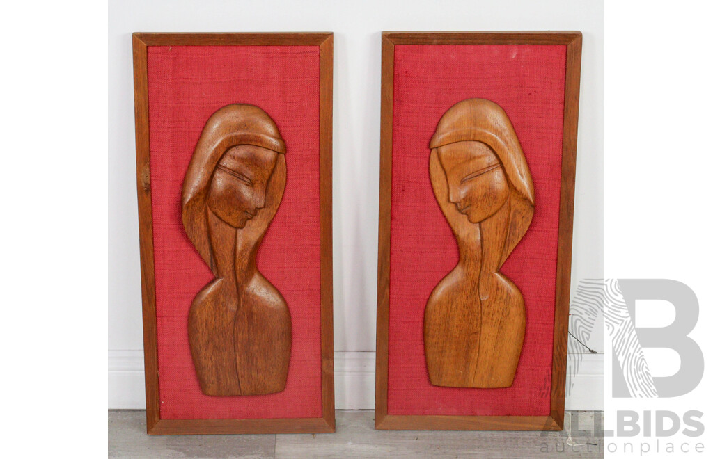 Pair of Mid Century Teak Figural Wall Hung Relifes