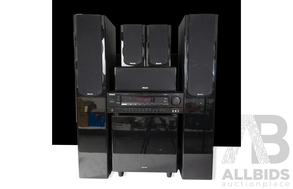 Sherwood Audio Video Receiver RD 6613 with Sub Wooder Unit, Pair Floor Speakers, Three Other Speakers