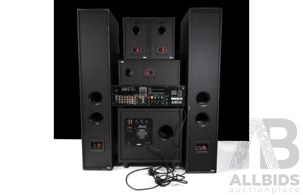 Sherwood Audio Video Receiver RD 6613 with Sub Wooder Unit, Pair Floor Speakers, Three Other Speakers