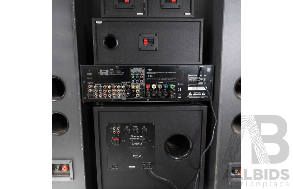 Sherwood Audio Video Receiver RD 6613 with Sub Wooder Unit, Pair Floor Speakers, Three Other Speakers