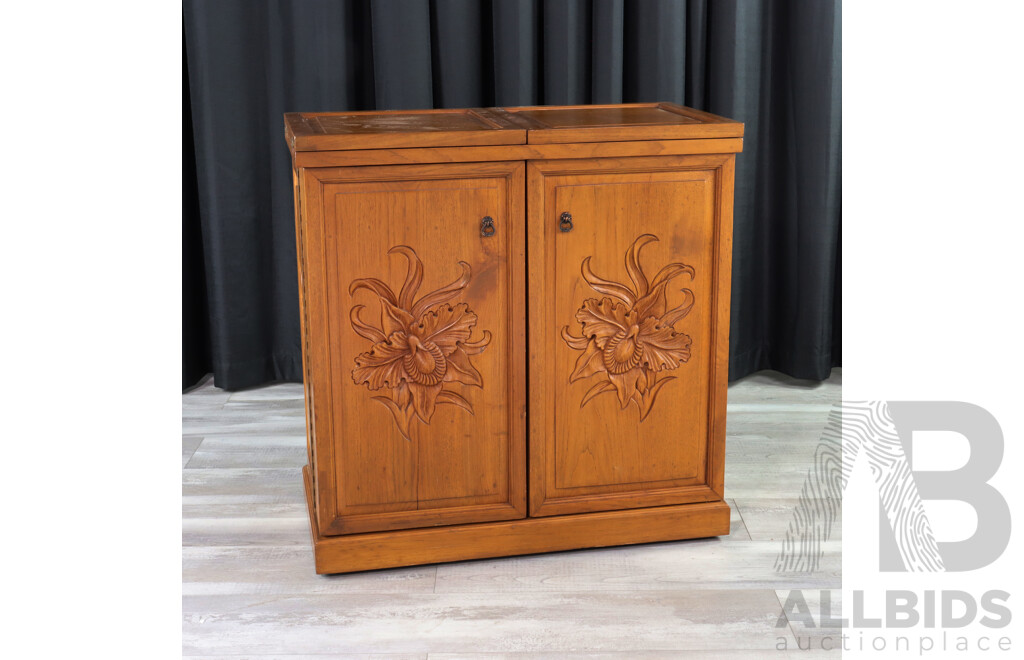 Mid Century Carved Teak Bar Cabinet