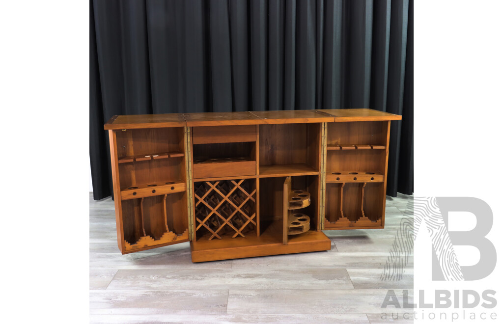 Mid Century Carved Teak Bar Cabinet