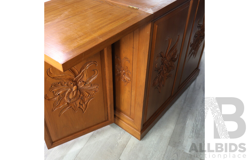 Mid Century Carved Teak Bar Cabinet