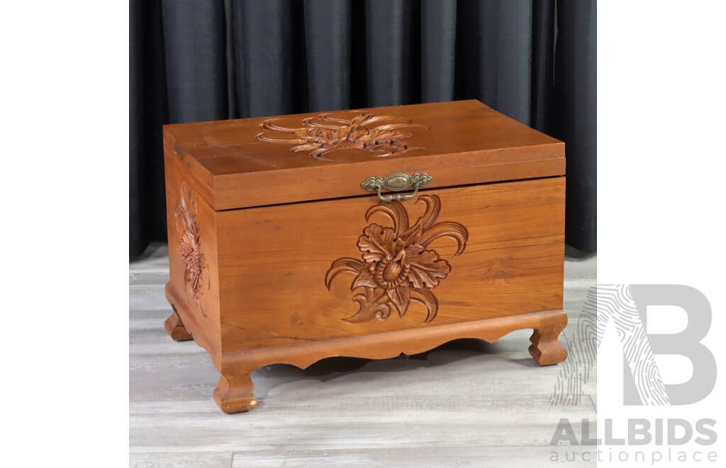 Teak Carved Lift Top Trunk