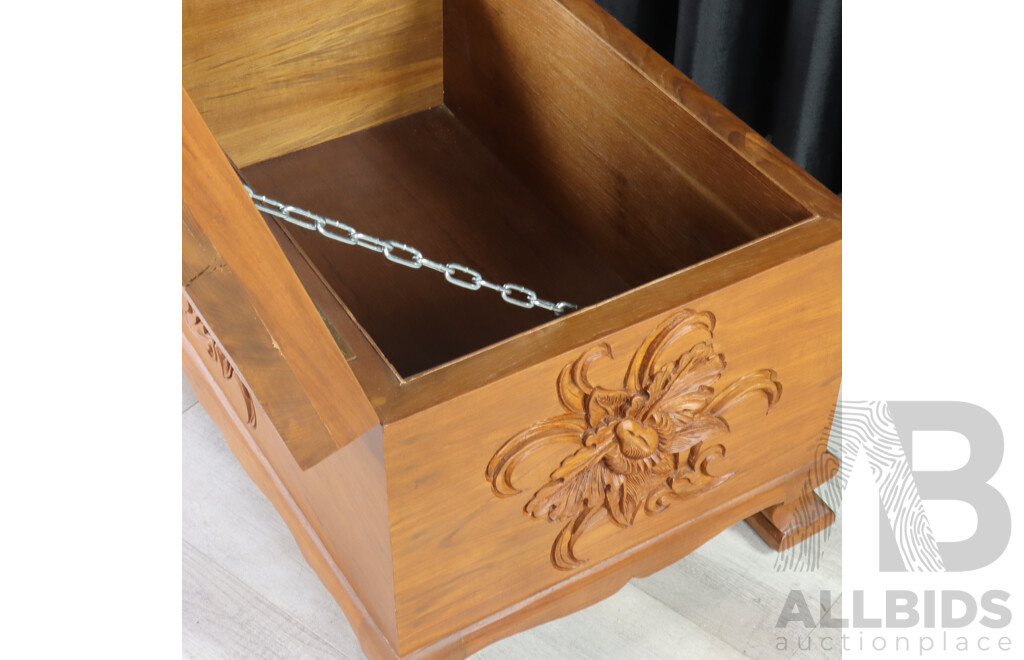 Teak Carved Lift Top Trunk